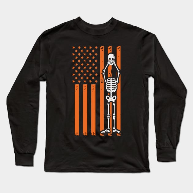 Patriotic Skeleton Holding Skull American Flag Halloween Gift Long Sleeve T-Shirt by BadDesignCo